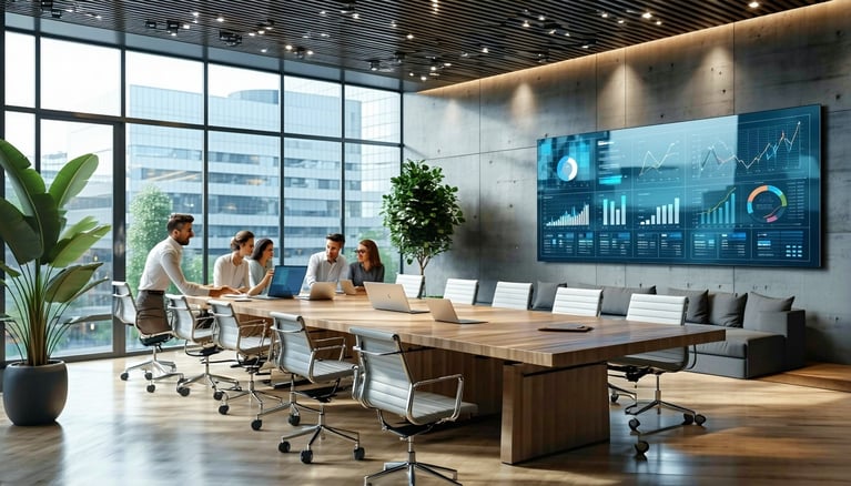 Executives round a table review financial data presented by graphs and charts on a screen on the wall