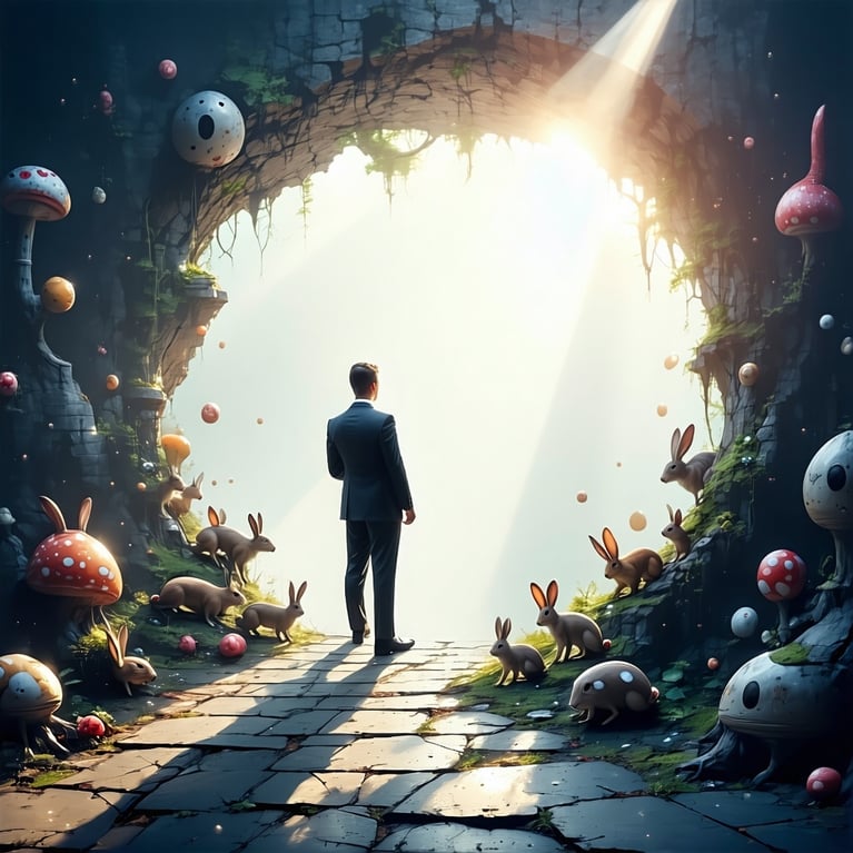 Business Man standing in an entrance whole with his back to the wonderland scene, looking out into the light.