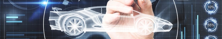 A transparent white car over the top of a hand pointing at graphs and charts